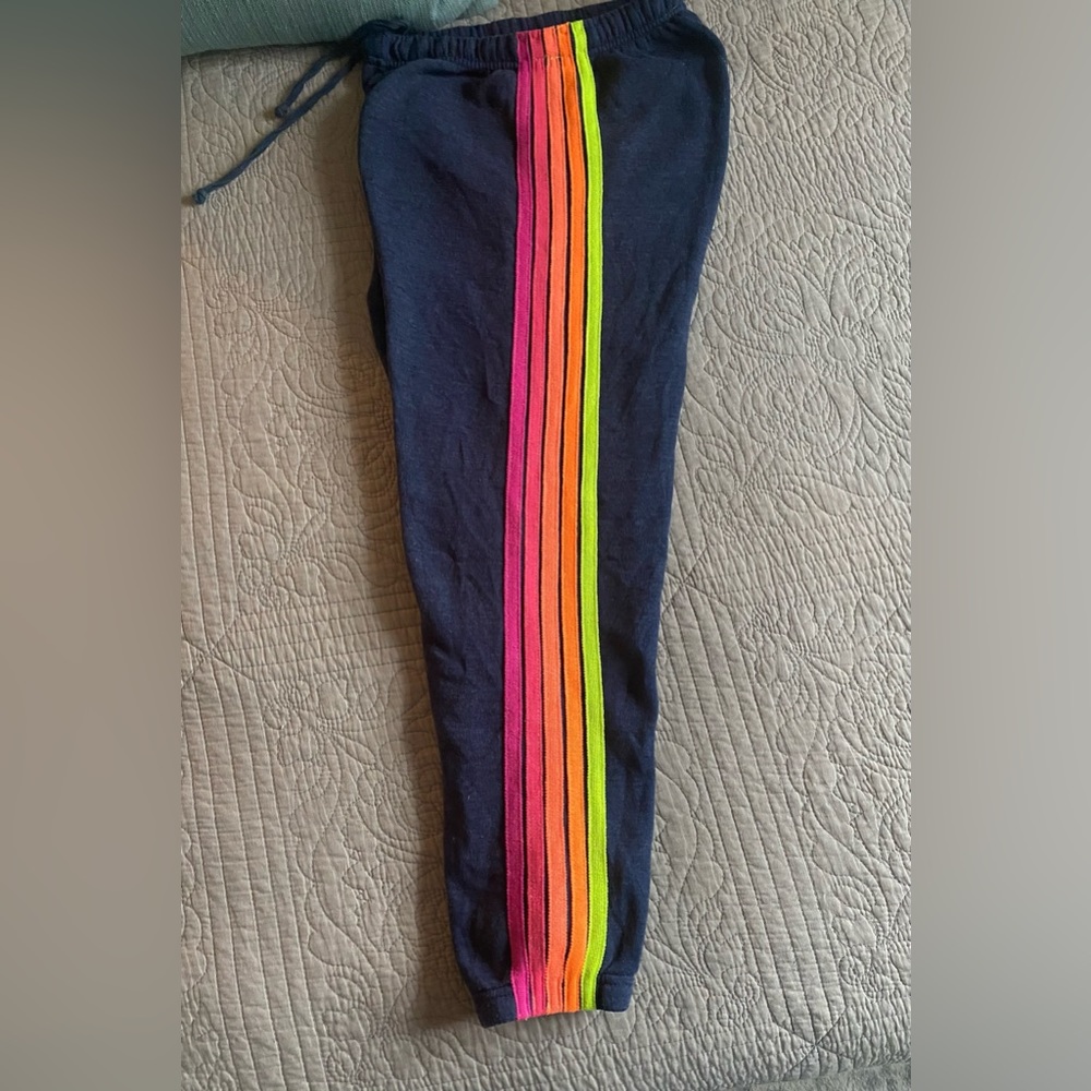 Aviator Nation XS sweatpants, navy, 5 neon-stripe